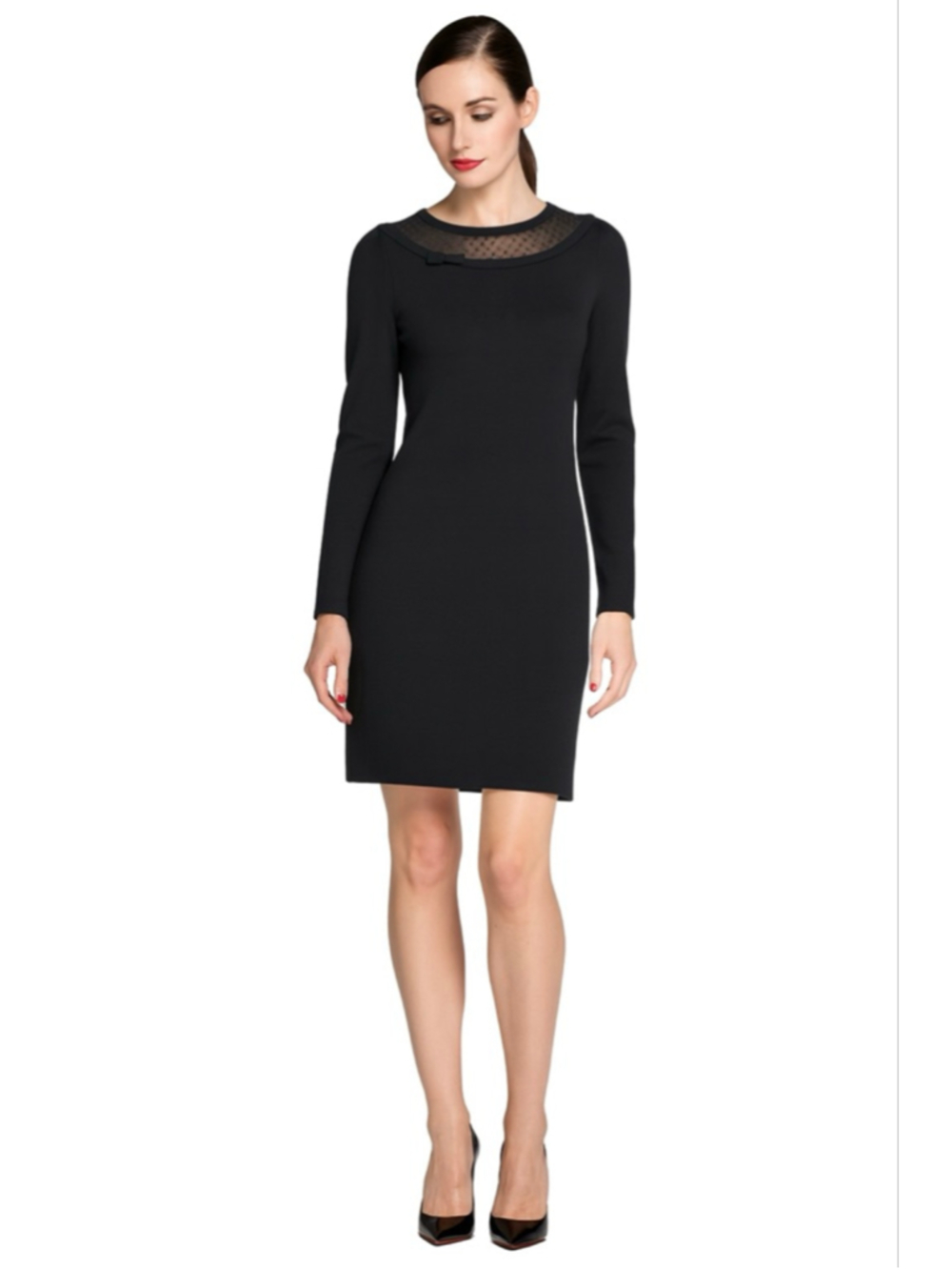 Red Valentino Wool Knit Dress Black Sheer Dotted Mesh Neck Bow Made in Italy S